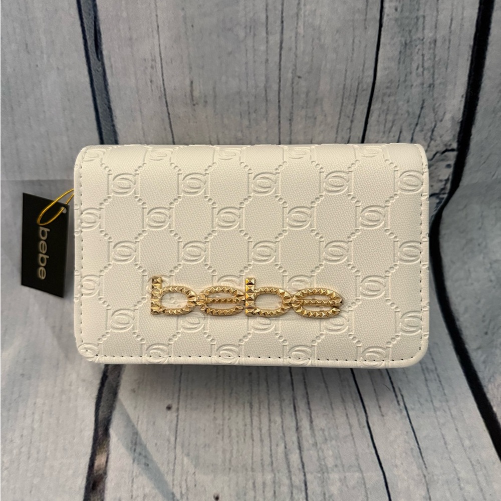 Bebe White Embossed Crossbody with Gold Accents